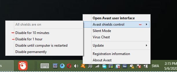 Avast Shield Control Page