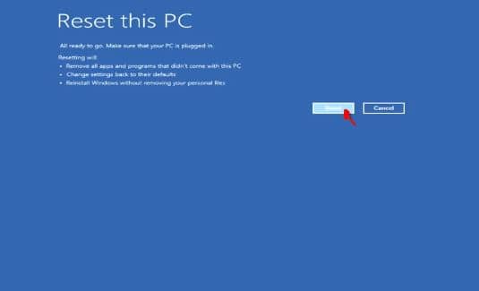 Reset this PC Page on login to Microsoft