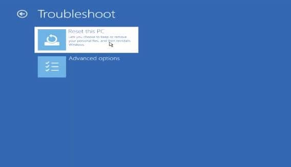 Troubleshoot Page Under Advanced Options