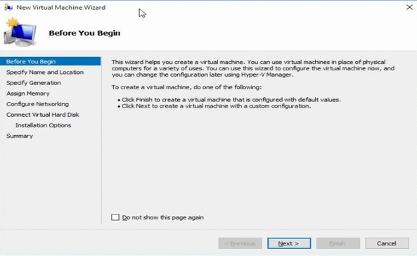 Hyper-V virtual machine creation interface